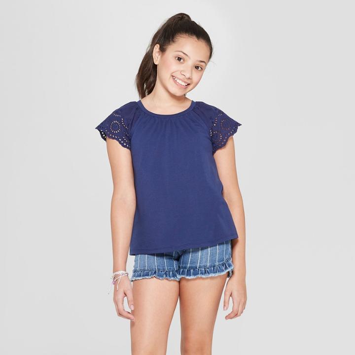Girls' Short Sleeve Eyelet Sleeve T-shirt - Cat & Jack Blue