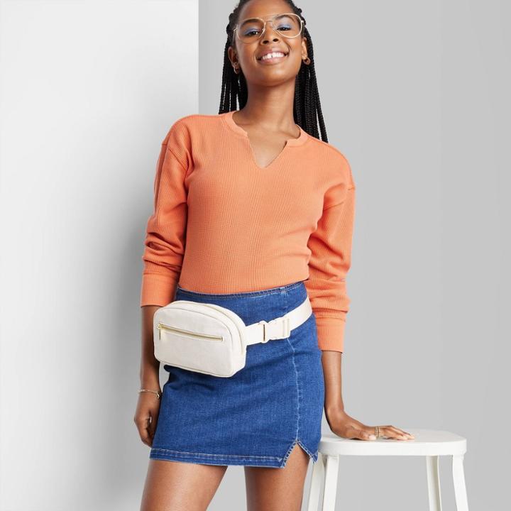 Women's Long Sleeve V-neck Waffle Boxy T-shirt - Wild Fable Rust