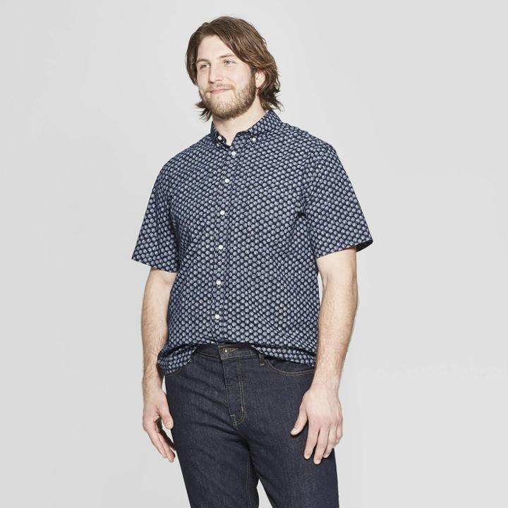 Men's Tall Printed Standard Fit Short Sleeve Poplin Button-down Shirt - Goodfellow & Co Federal Blue