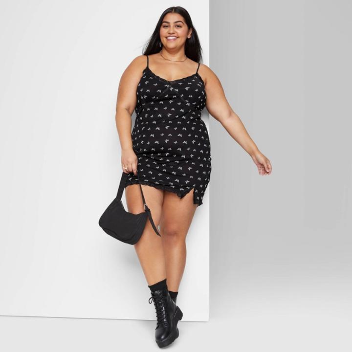 Women's Plus Size Sleeveless Lace Trim Mesh Bodycon Dress - Wild Fable Black Butterfly