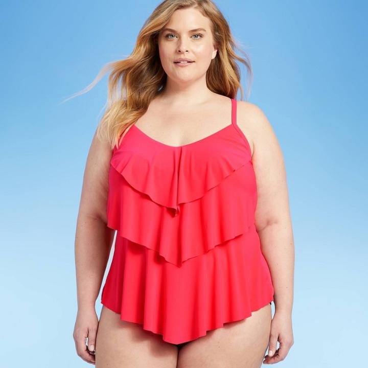 Women's Plus Size Tiered Tankini Top - Aqua Green Pink X