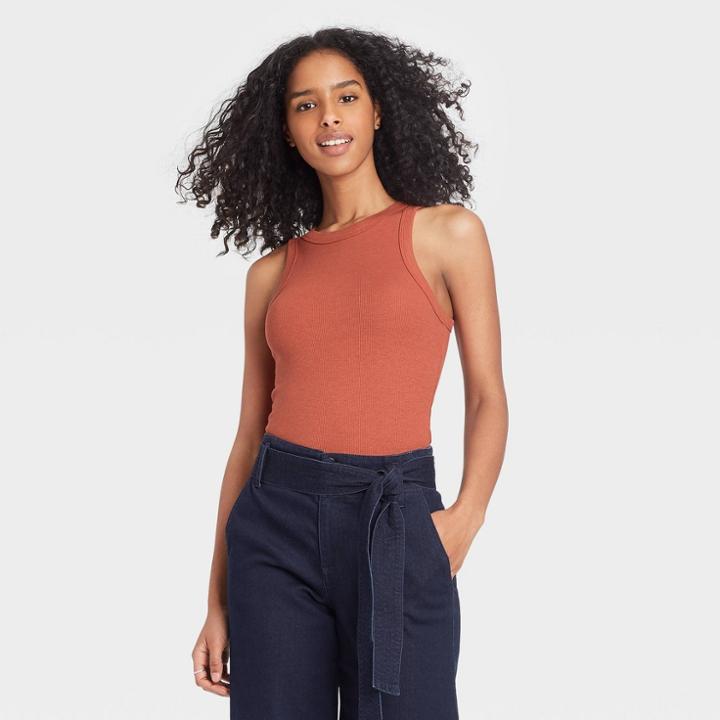 Women's Slim Fit Rib Tank Top - A New Day Rust