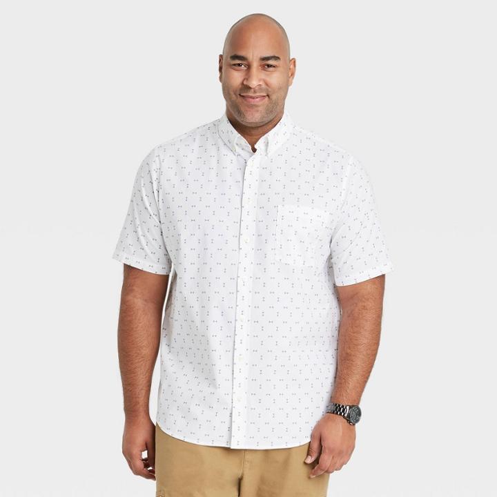 Men's Tall Geo Print Standard Fit Stretch Poplin Short Sleeve Button-down Shirt - Goodfellow & Co White