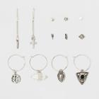 Stud, Hoops And Drops With Textured Discs, Feather, Cross And Simulated Pearl Earring Set 6ct - Wild Fable Dark