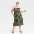 Women's Plus Size Linen Tie-front Smocked Dress - Ava & Viv Olive