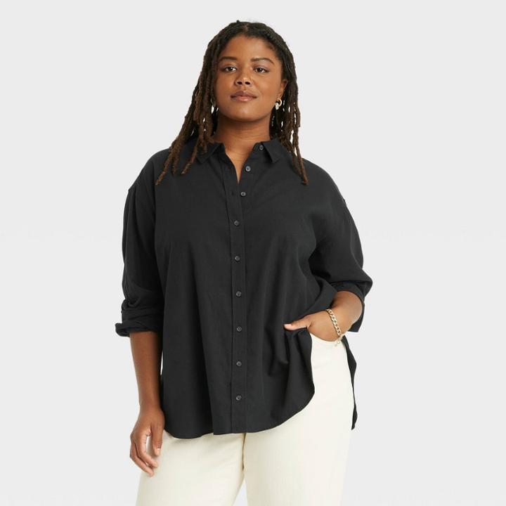 Women's Plus Size Long Sleeve Oversized Button-down Shirt - Universal Thread Black