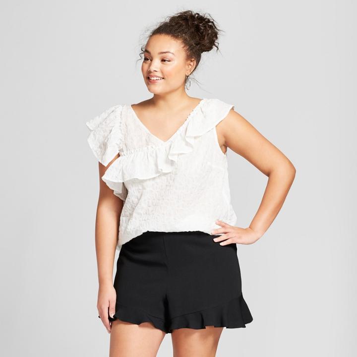 Women's Plus Size Textured Short Sleeve Asymmetrical Blouse - A New Day White X