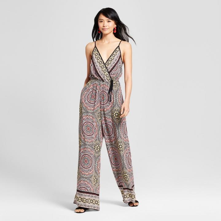 Women's Floral Print Strappy V-neck Jumpsuit - Xhilaration Black/yellow