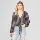Women's Striped Long Sleeve Button Front Tie Front Crop Top - Xhilaration Navy