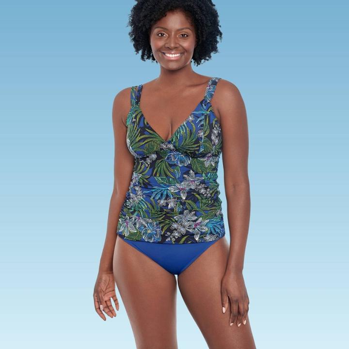 Women's Slimming Control Shirred Front Double Strap Tankini Top - Dreamsuit By Miracle Brands Blue Tropical Print