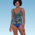 Women's Slimming Control Shirred Front Double Strap Tankini Top - Dreamsuit By Miracle Brands Blue Tropical Print