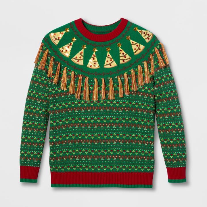 33 Degrees Men's Ugly Christmas Pizza Fringe Yoke Fairisle Long Sleeve Pullover Sweater - Green S, Men's,