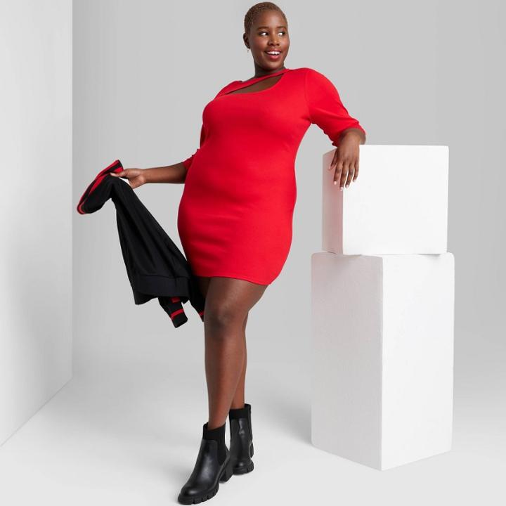 Women's Plus Size Long Sleeve Ribbed Bodycon Dress - Wild Fable Red