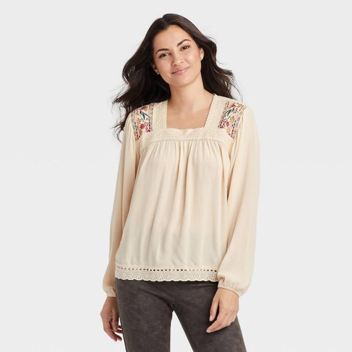 Women's Long Sleeve Embroidered Blouse - Knox Rose Cream