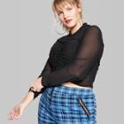 Women's Plus Size Long Sleeve Mesh Ruched Front Top - Wild Fable Black