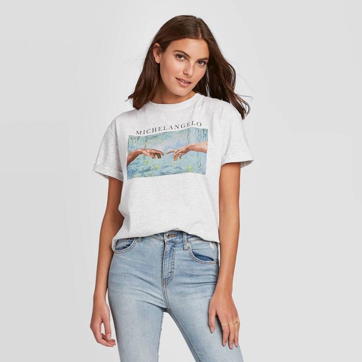 Fifth Sun Women's Michelangelo Art Rolled Cuff Short Sleeve Graphic T-shirt (juniors') - Ash Xs, Women's, Gray