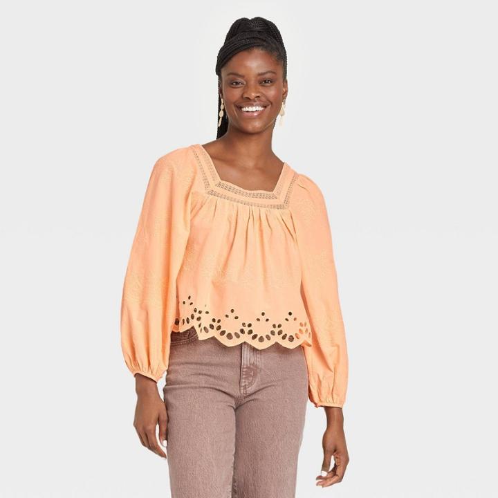 Women's Balloon Long Sleeve Eyelet Blouse - Universal Thread Light Orange