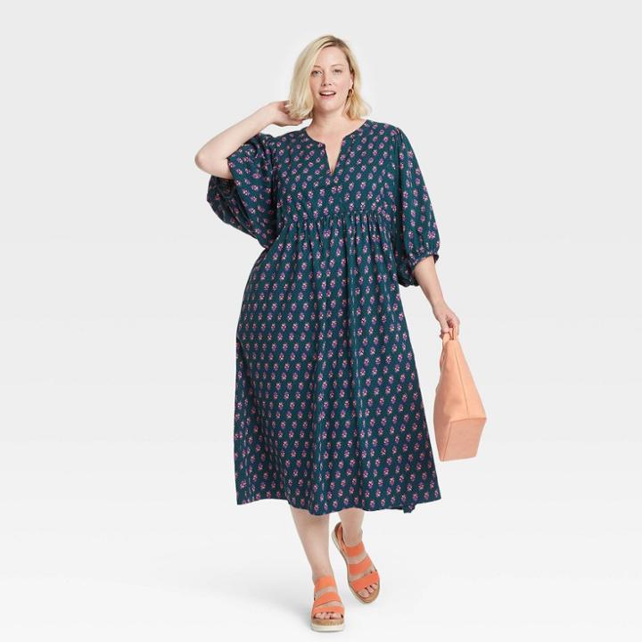 Women's Plus Size Balloon Long Sleeve Dress - Universal Thread Navy Floral 4x, Blue Floral