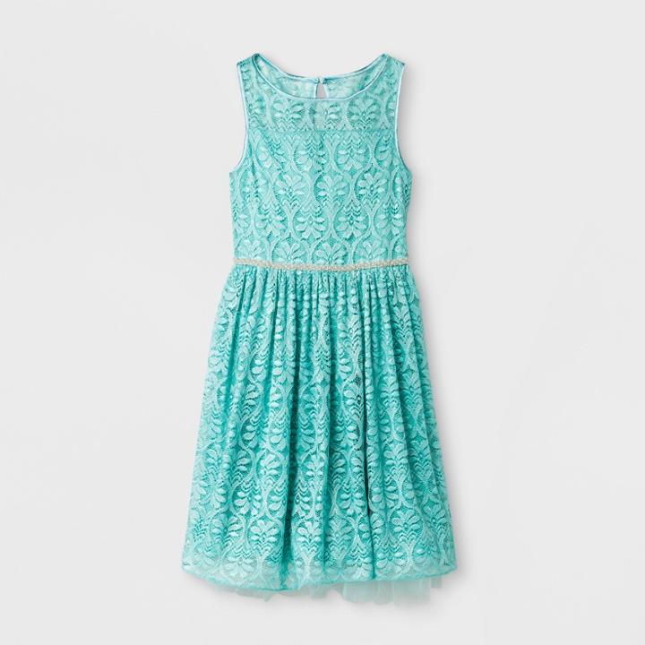 Lots Of Love By Speechless Girls' Lace Overlay Illusion Neckline Dress - Turquoise