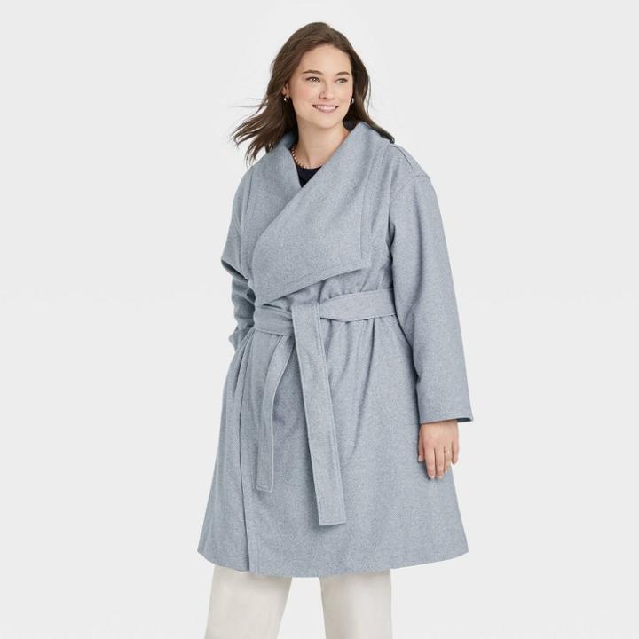 Women's Plus Size Knit Wrap Coat - A New Day Blue