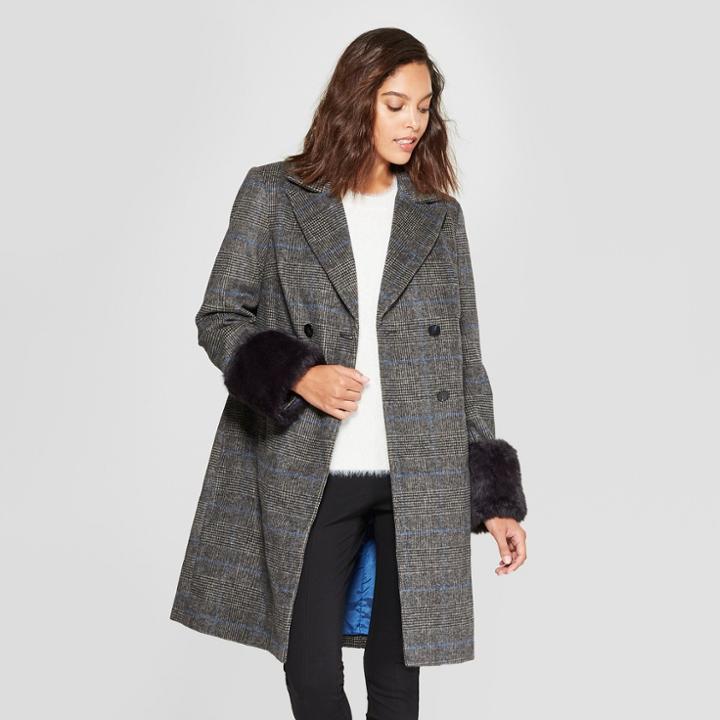 Women's Plaid Double Breasted Coat - A New Day Black Xxl,