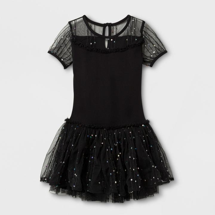 Danshuz Toddler Girls' Double Layer Skirt With Sequin Mesh Yoke Short Sleeve Activewear Dress - Black 8-10,