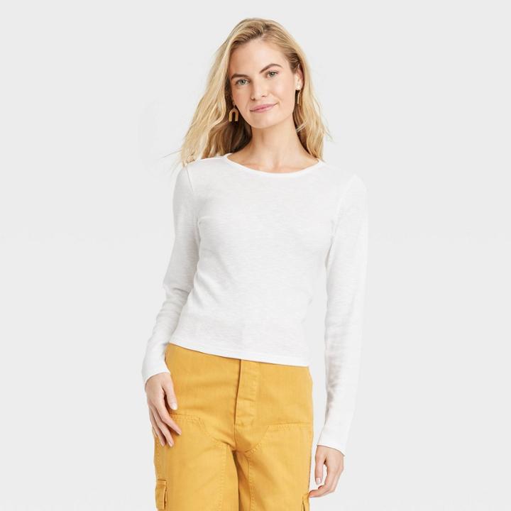 Women's Ribbed Shrunken Long Sleeve T-shirt - Universal Thread White