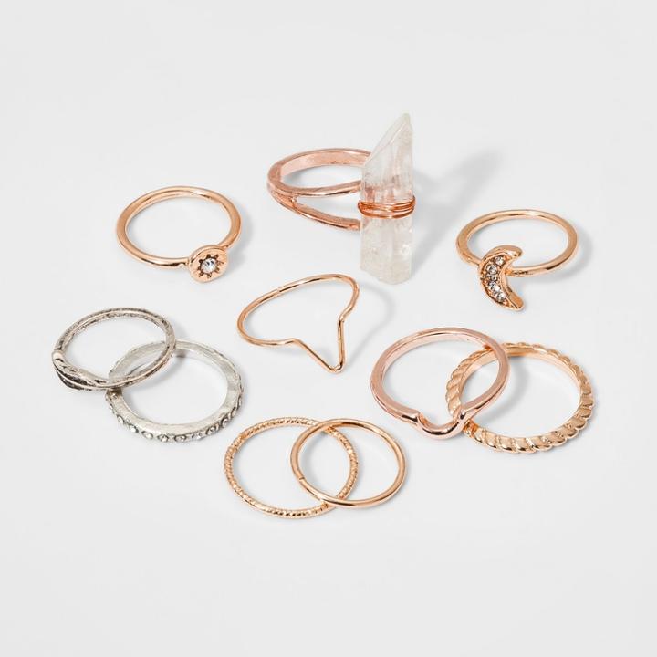 Delicate, Textured, Crescent Moon And Leaf Single Ring Set 10ct - Wild Fable, Size: Large,