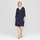 Women's Plus Size Floral Print 3/4 Sleeve Wrap Midi Dress - Ava & Viv Navy