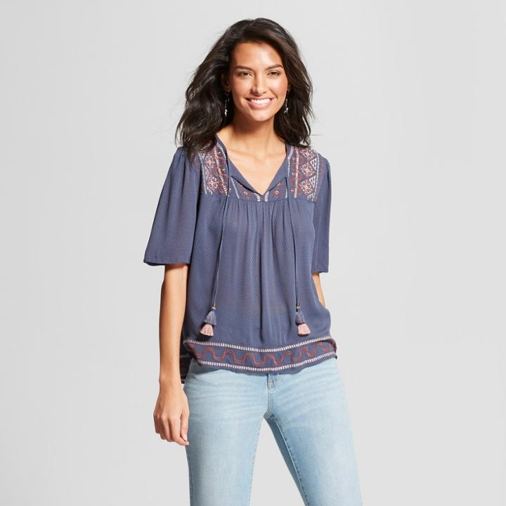Women's Short Sleeve Embroidered Lace Back Peasant Top - Knox Rose Blue