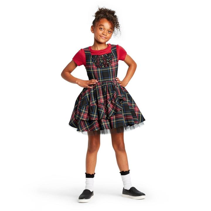 Girls' Plaid Sleeveless Square Neck Mini Dress - Harajuku Mini For Target Red/black Xs, Women's, Black Red