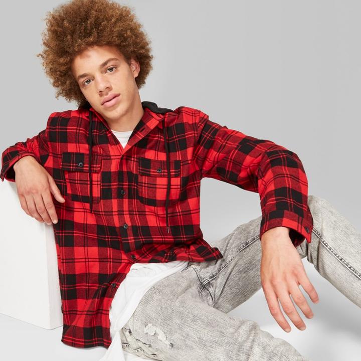 Men's Plaid Long Sleeve Detachable Hooded Button-down Shirt - Original Use Dynamic Red
