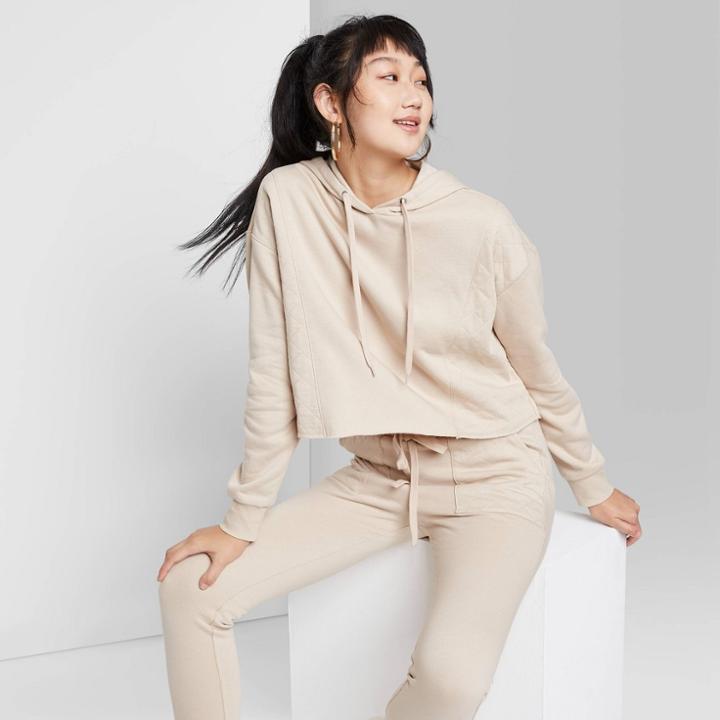 Women's Cropped Quilted Sides Hoodie - Wild Fable Beige