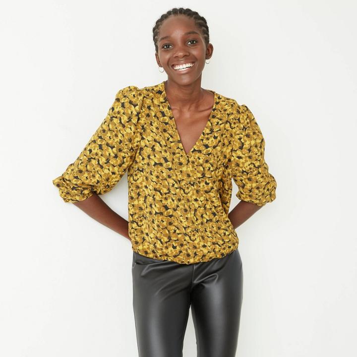 Women's Floral Print Puff Long Sleeve Wrap Top - A New Day Gold