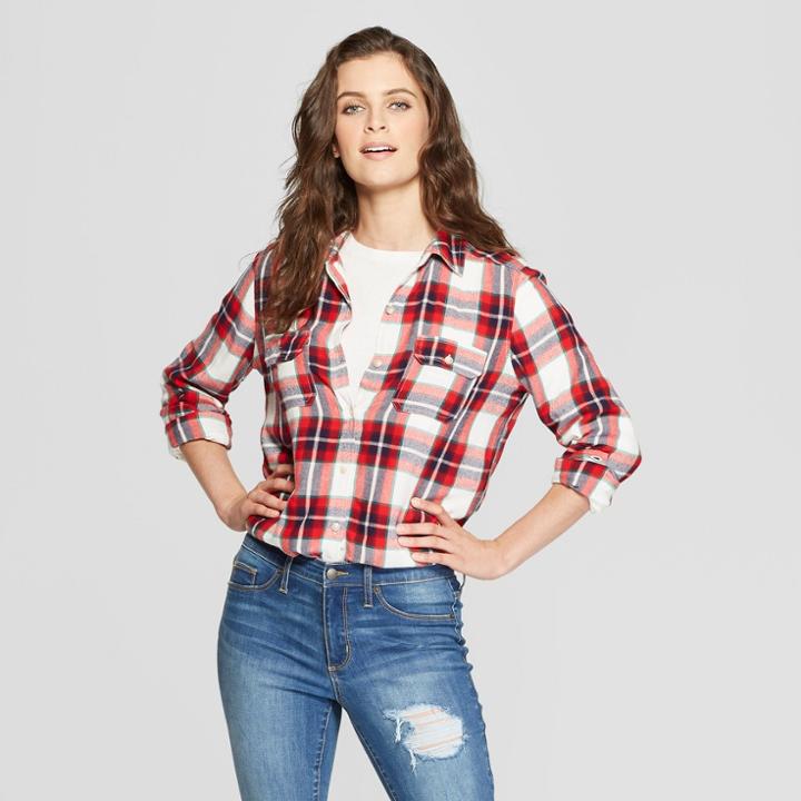 Women's Long Sleeve Drapey Plaid Shirt - Universal Thread Red