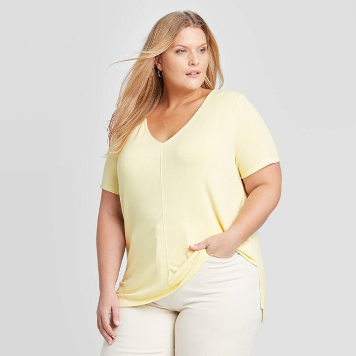 Women's Plus Size Short Sleeve V-neck Snit T-shirt - Ava & Viv Yellow X, Women's, Green