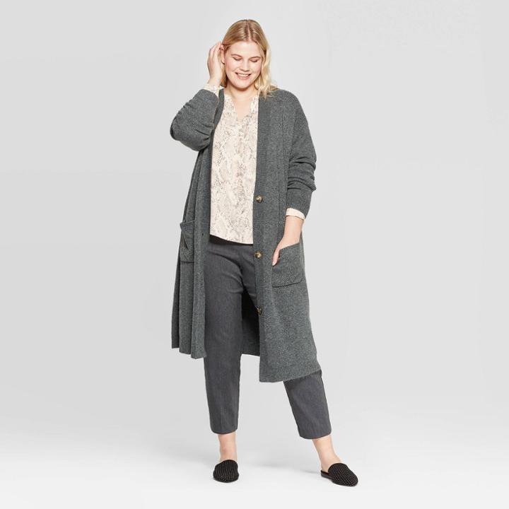 Women's Plus Size Long Sleeve Open Layering Duster Cardigan - Ava & Viv Gray X, Women's