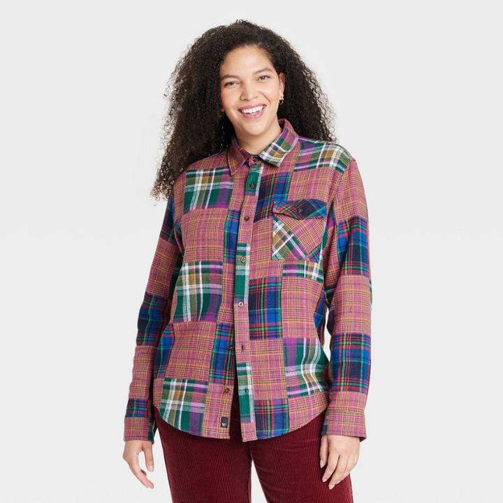 Houston White Adult Plus Size Long Sleeve Button-down Shirt - Red Checkered