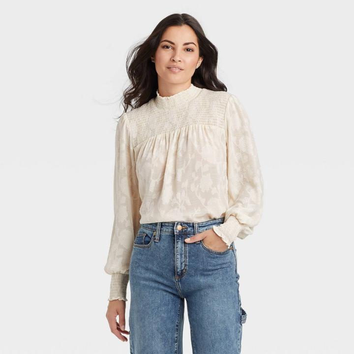 Women's Long Sleeve Smocked Top - Knox Rose Ivory Floral