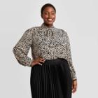 Women's Plus Size Animal Print Long Sleeve Bow Blouse - Ava & Viv White X