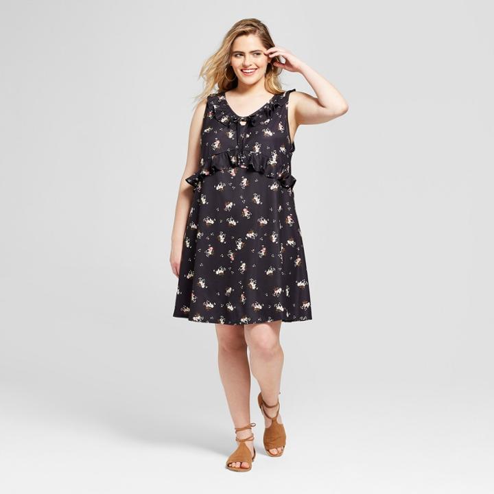 Women's Plus Size Floral Print Ruffle Knit Sundress- Xhilaration Black