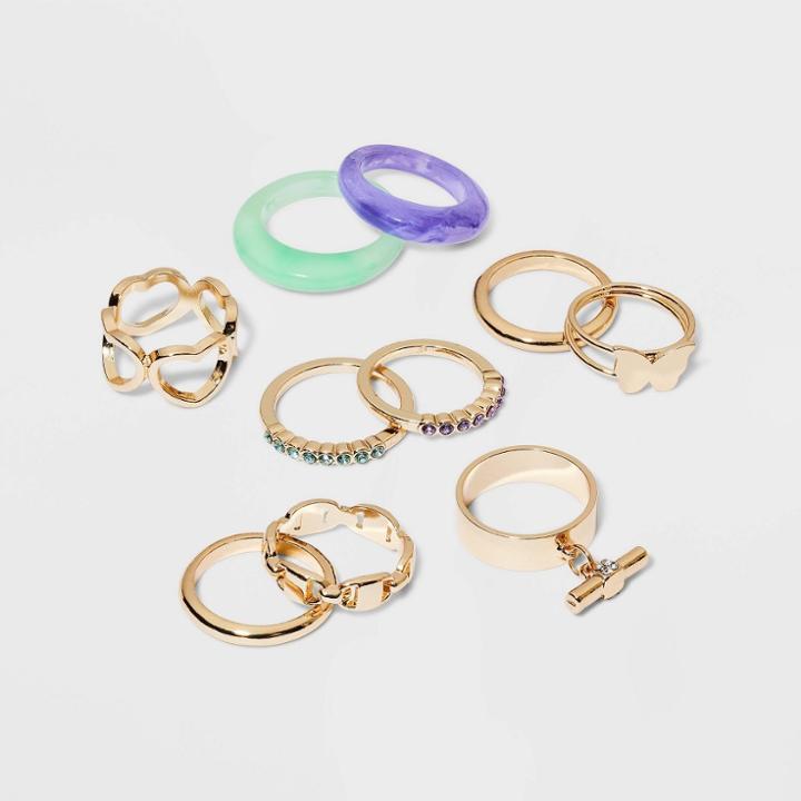 Heart Butterfly And Mixed Stone Ring Set 10pc - Wild Fable