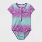 Toddler Girls' Tropical Leaf Zip-front Short Sleeve One Piece Swimsuit - Cat & Jack 18m, Blue/purple