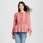 Women's Long Sleeve Velvet Trim Peplum Top - Knox Rose Coral