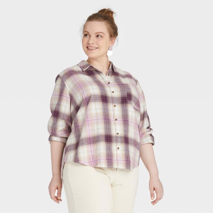 Women's Plus Size Long Sleeve Flannel Button-down Shirt - Universal Thread Lilac Plaid 1x, Purple Plaid