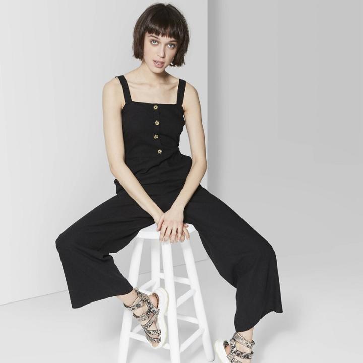 Women's Strappy Square Neck Button Front Romper - Wild Fable Black