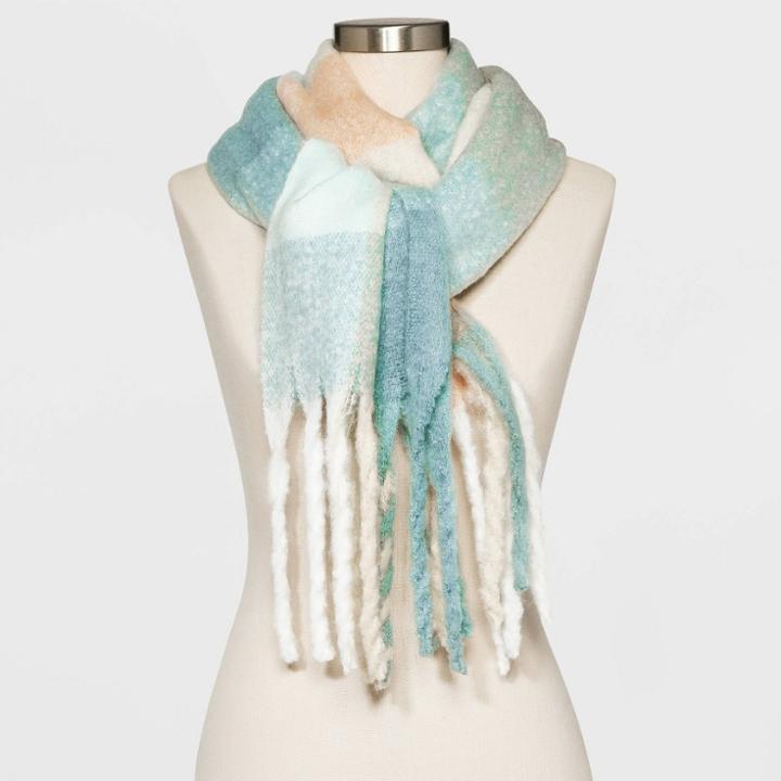 Women's Plaid Blanket Scarf - A New Day , Beige/blue/ivory