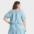 Women's Plus Size Puff Short Sleeve Cropped Blouse - Universal Thread Blue Floral