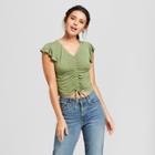 Women's Short Sleeve Cinched Front Knit Top - Xhilaration Olive (green)