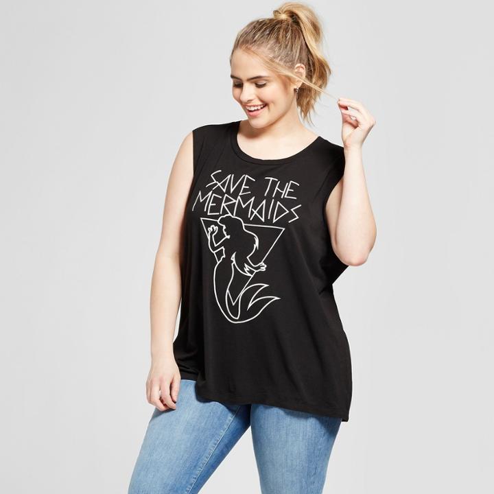 Women's Disney Plus Size Save The Mermaids Puff Ink Graphic Tank Top (juniors') Black